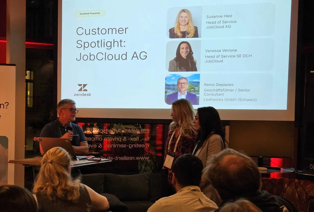Leafworks Schweiz-CEO Remo Deeplaces präsentiert eine Kunden-Erfolgsgeschichte von Leafworks auf einem Zendesk Event in der Schweiz.